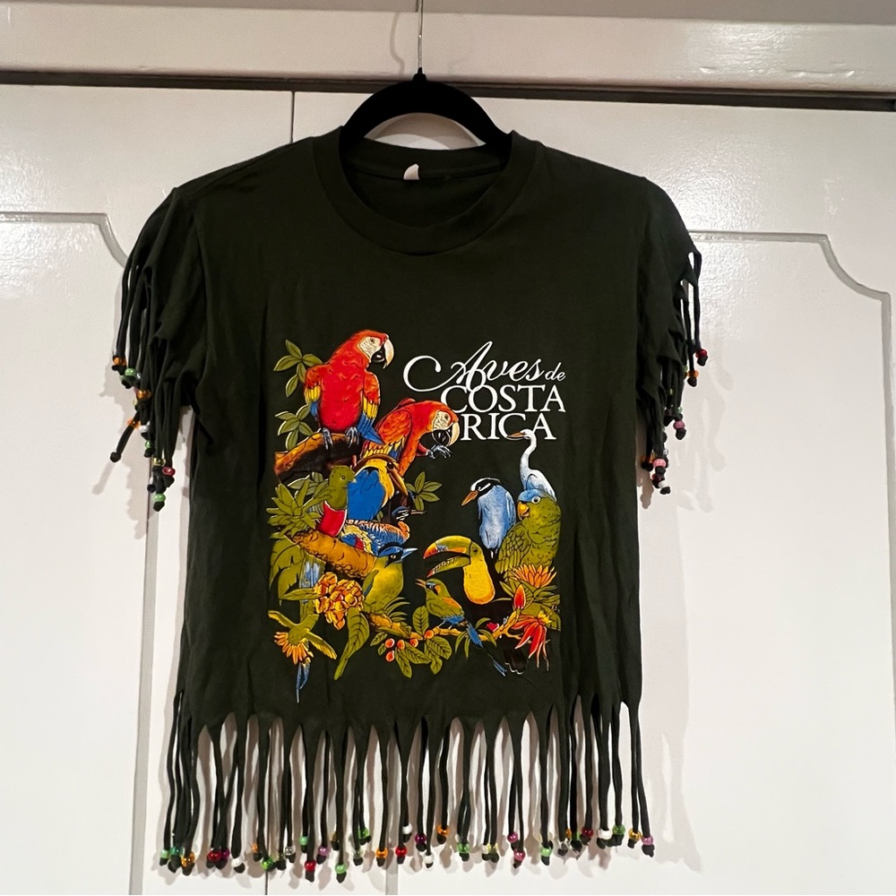 Vintage Beaded Fringe Costa Rica Graphic Crop Top
